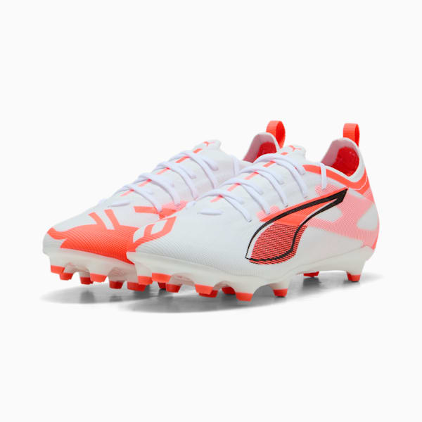Chaussures de soccer à crampons pour terrain ferme/terrain artificiel ULTRA 5 PRO Enfant et adolescent, PUMA White-PUMA Black-Glowing Red, extralarge